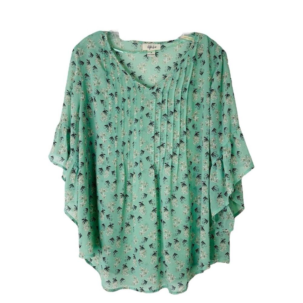 NWT Style & Co mint green cream floral semi sheer pleat cottagecore top medium
